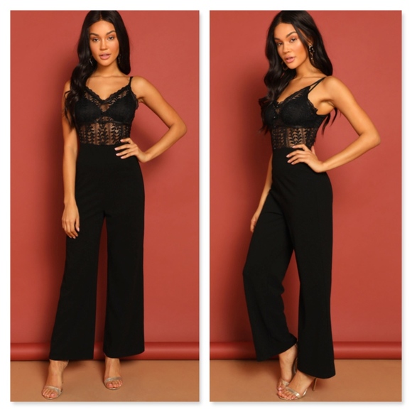 Wide Leg Lace Detail Cami Black Jumpsuit - Picture 3 of 8